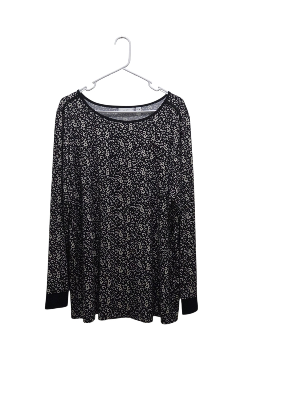 Susan Graver Black Long Sleeve Scoop Neck Top White Floral Print Size XL